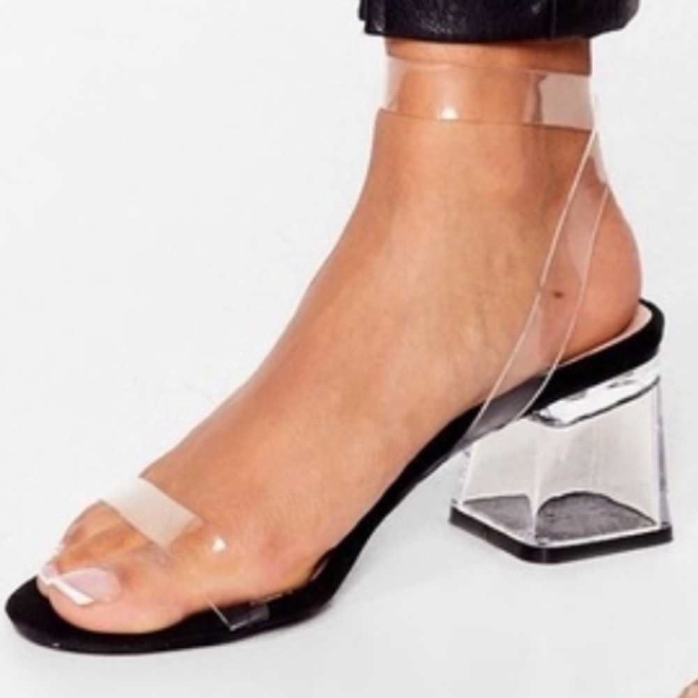 Nastygal clear block heel sandals with a translucent wrap-around ankle strap